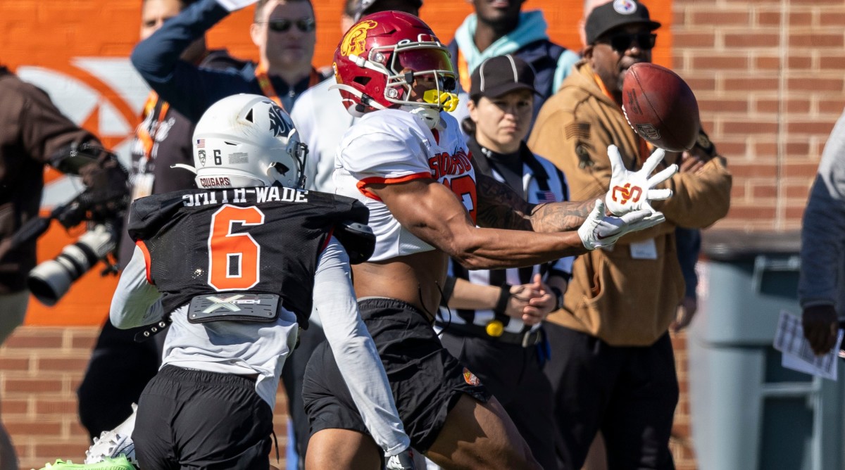 National team wide reciever Brenden Rice of USC attempts to make a catch during a Senior Bowl practice.